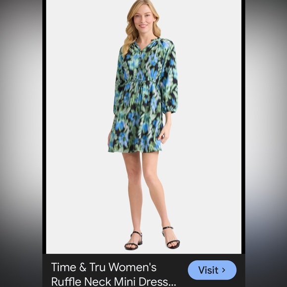 Time and Tru Dresses & Skirts - Boho Chic Ruffle Neck Mini Dress Time & Tru Green and Blue Patterned Mini Dress